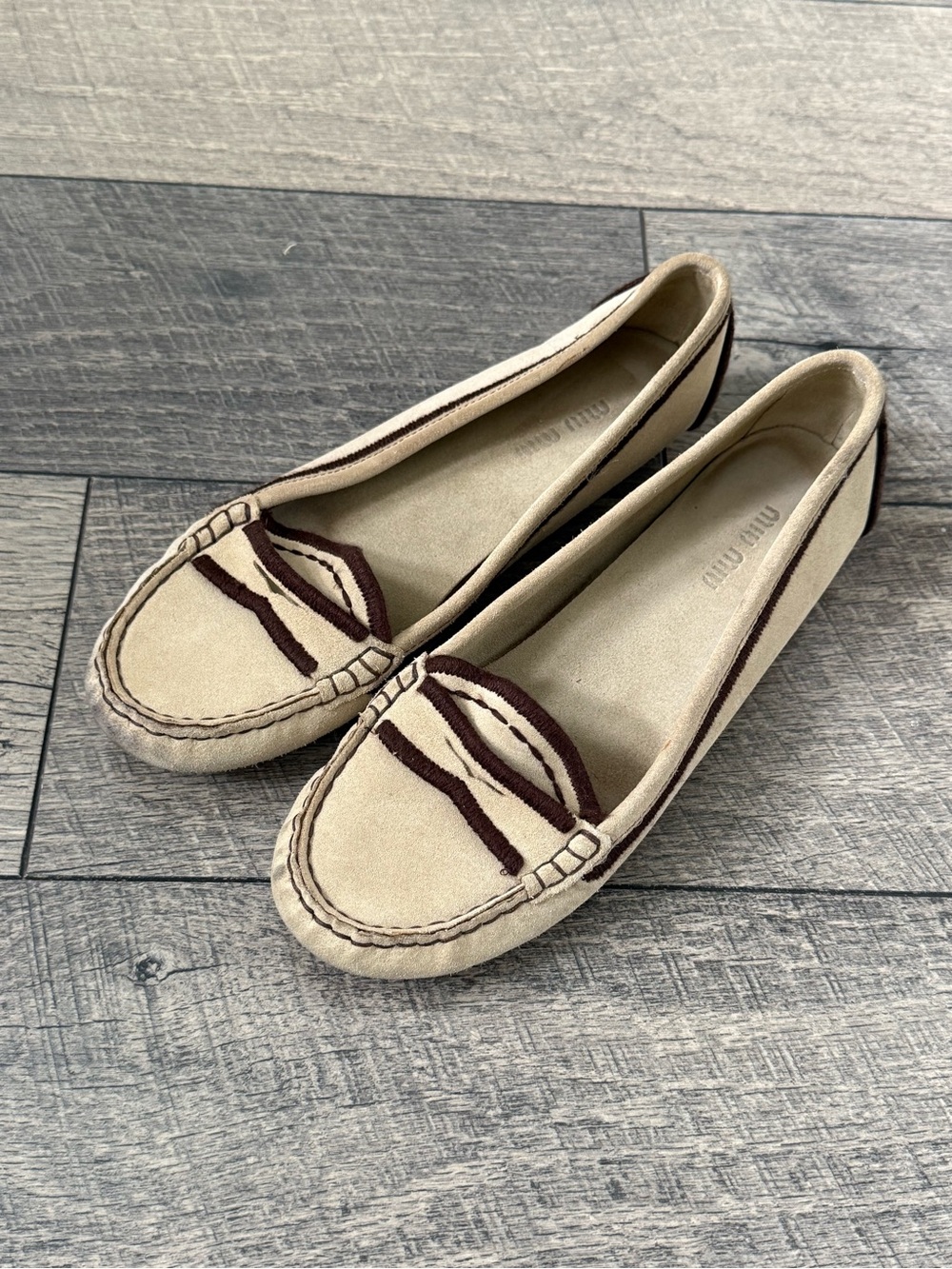 Miu Miu Beige Suede Driving Loafers